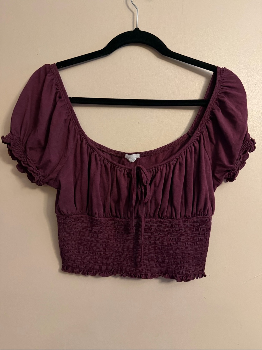 Garage Plum Tie-Front Smocked Crop Top